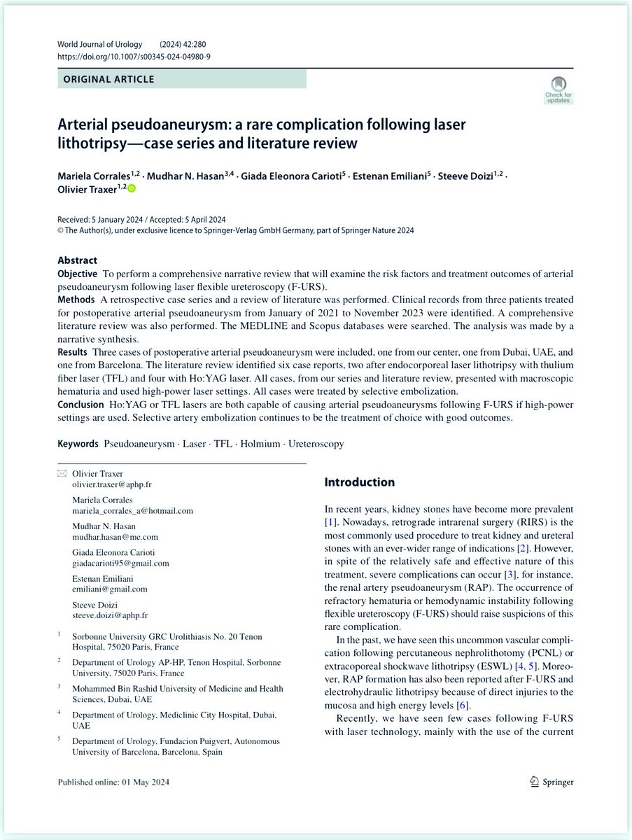 Arterial pseudoaneurysm: a rare complication following laser lithotripsy-case series and literature review @OTRAXER @emiliani_e Be careful when you are pushing the boundaries with RIRS #endourology #RIRS #lazer @wjurol