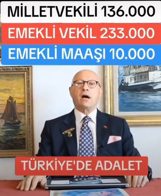 Asili alıyor 10.000 TL. maaş,
vekili alıyor 233.000 TL. maaş.
Partinin başında ADALET diye yazıyor ama yerinde yeller esiyor..
 #emeklisiziistemiyor