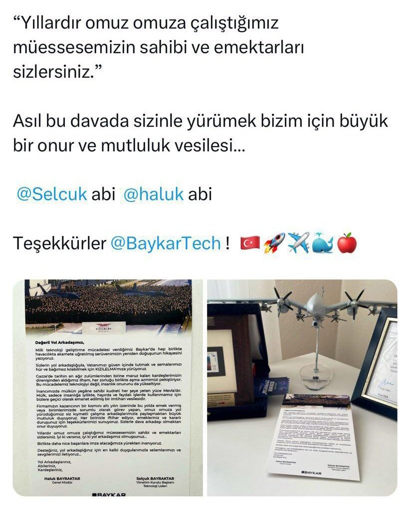 'BAYKAR, dünyanın önde gelen savunma teknoloji şirketlerinden biri olarak çalışanlarına ortalama 18 maaşa denk gelen kâr payı dağıttı' Şunu Baykar değilde X bir firma yapsa gündem olur, malum zihniyetten bir kaç gün boyunca işçiye verilen değer masalı dinlerdik!