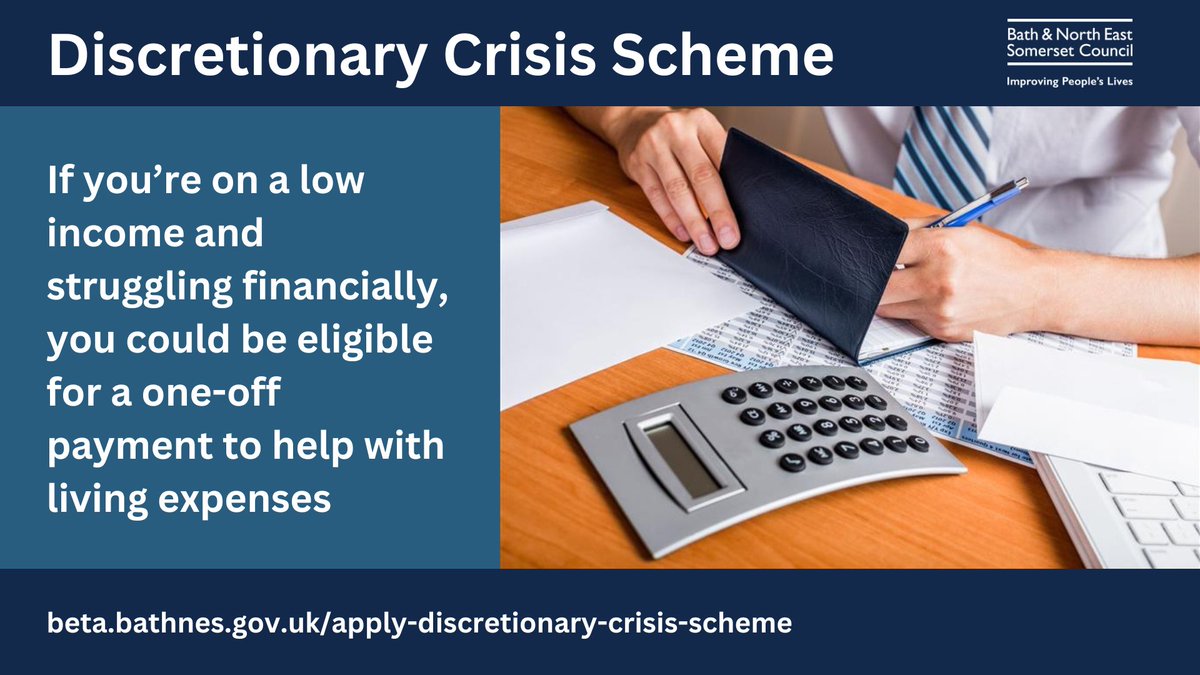 If you're on a low income and struggling financially, you may be entitled to a one-off payment to help with energy costs, bills and other living expenses. Find out if you’re eligible for support from our Discretionary Crisis Scheme and apply here beta.bathnes.gov.uk/apply-discreti…