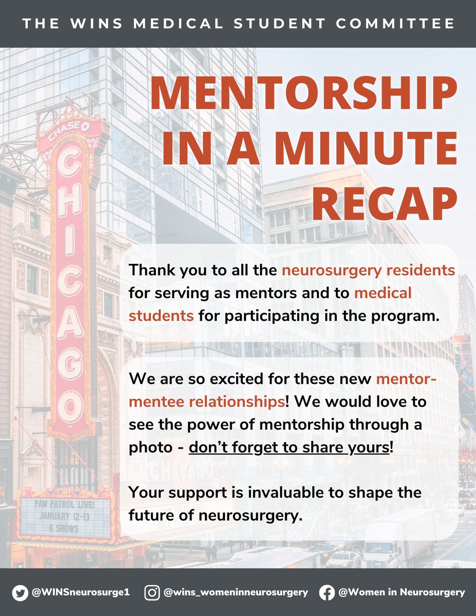 📸 To all our amazing participants in the WINS 'Mentorship in a Minute' Program at #AANS2024, we'd love to see your mentorship moments in action! Retweet with your mentor-mentee snapshots and let's showcase the power of mentorship.🤝 #WINSxAANS2024 #WINS #Mentorship #Neurosurgery