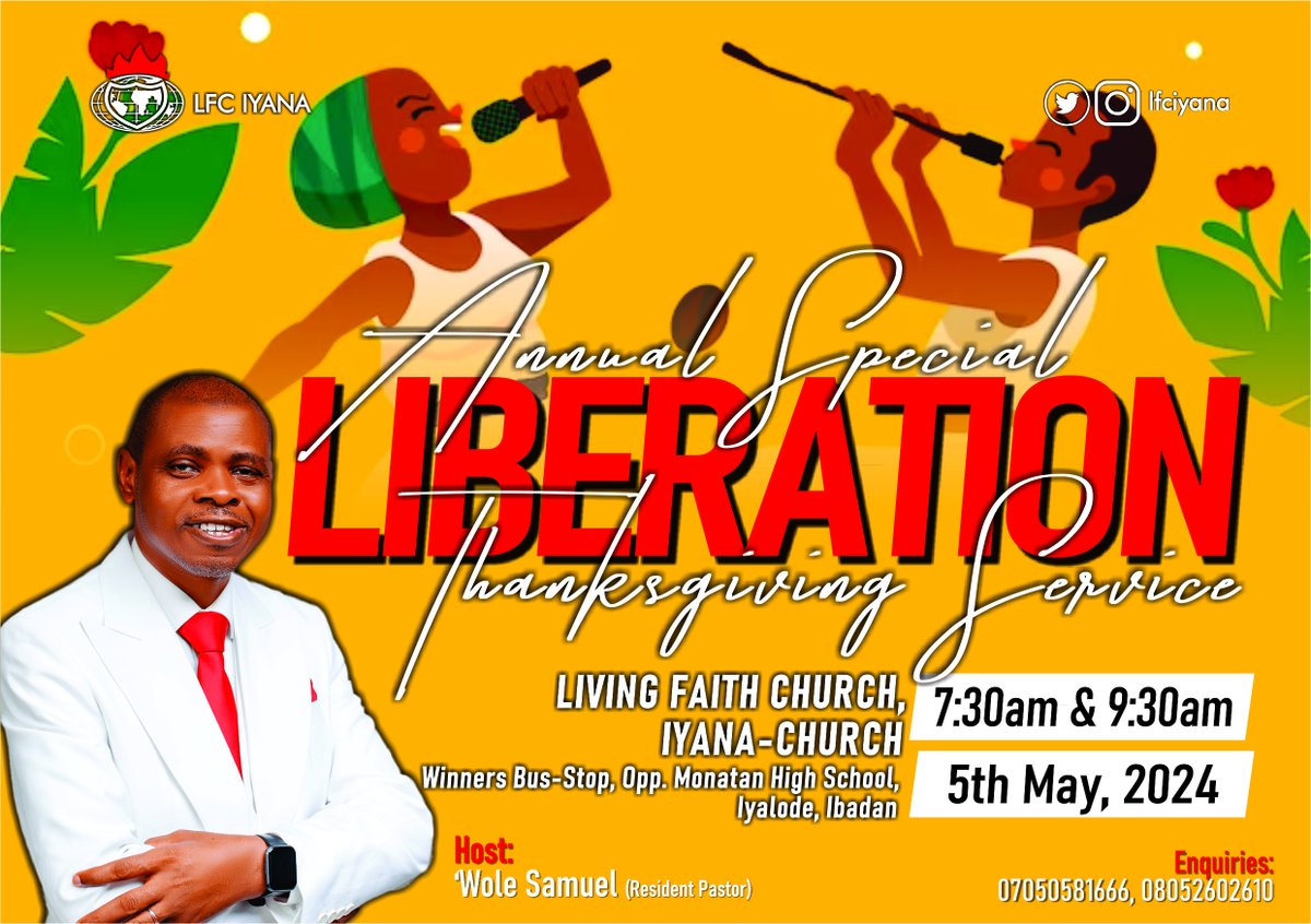 This Sunday May 5, 2024, shall our 43rd Liberation Mandate Anniversary Thanksgiving Service. Come expecting a reenactment of the Liberation Unction and an encounter with the prophetic word.
It shall be a service to be much remembered.

#TheLordsdoingsat43
#Liberationmandate@43