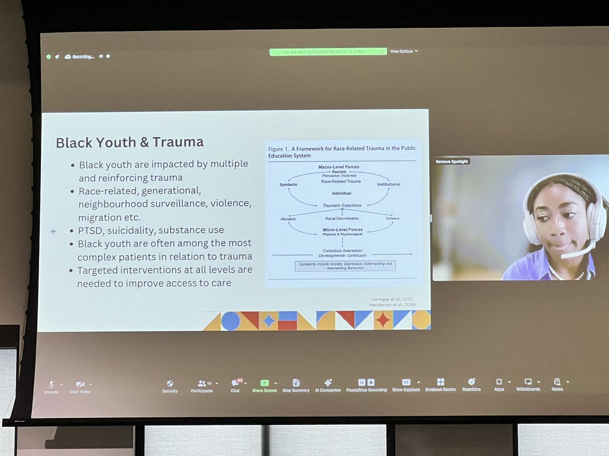 Black youth are impacted by multiple and reinforcing trauma Race-related, generational, neighbourhood surveillance, violence, migration e.t.c. They are also often among the most complex patients in relation to trauma -Tiyondah Fante-Coleman #bpaomentalhealth