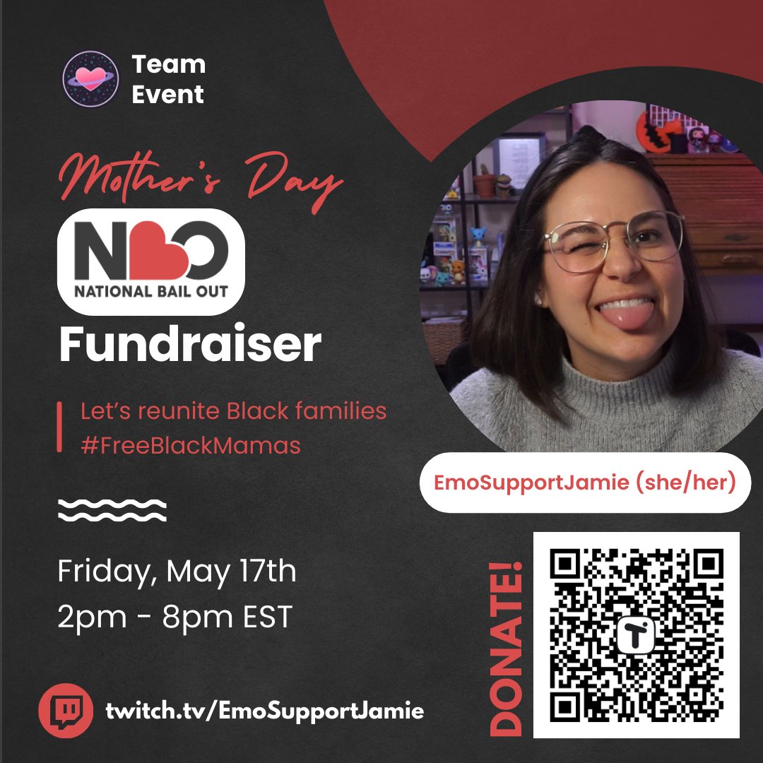 FRIENDS! I'll be participating in my next charity stream for @NationalBailOut alongside @cosmichearts_! 

Join me on Friday, May 17th from 2pm - 8pm EST in support of their #FreeBlackMamas & caregivers campaign!