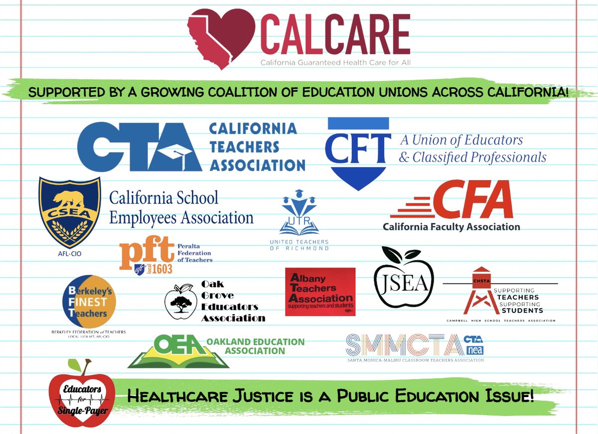 Our current healthcare system is causing great harm to students, schools, & communities. That's why every state-wide education-related union is backing #AB2200, w more & more locals adding their support as well.

It's time to pass #SinglePayer policy in CA.

#CalCare
#CALeg