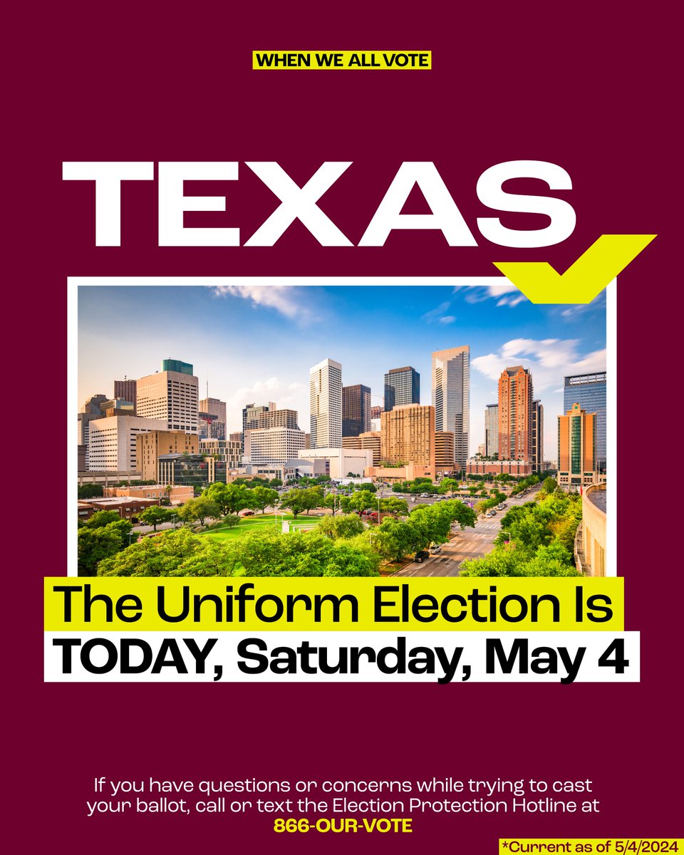 Howdy, Texans! 🤠 Your Uniform Election Day is TODAY, May 4th. Candidates for mayor, city council, school boards, and more are on the ballot. Find your polling place now📍 at weall.vote/texas, and go make your voice heard!