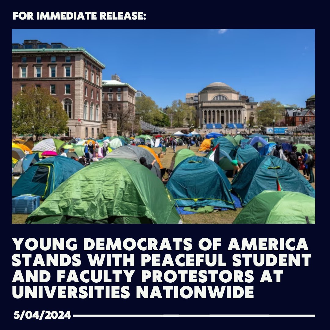 The Young Democrats of America stand with the peaceful protesters on college campuses and the people of Gaza in calling for an immediate, permanent ceasefire. Tolerance for hate and violence has no place in the Democratic Party. Read our statement: 1/4