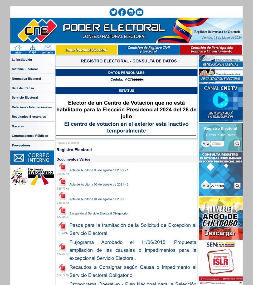 #RegistroElectoral #4M El CNE se dio cuenta de lo que implica internacionalmente excluir de oficio electores del RE (casos EEUU y Canada) Los electores que hasta el #3M aparecían con el código 17 ahora se les señala que su centro de votación (consulado) no está habilitado.