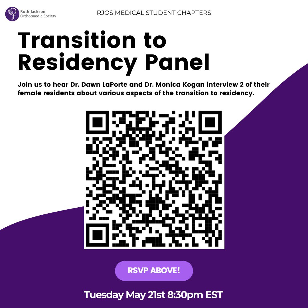 Attention soon to be PGY-1s! 

Join us on Tuesday May 21st at 8:30PM EST to hear Dr. Dawn LaPorte and Dr. Monica Kogan interview 2 of their female residents about various aspects of the transition to residency ✨

Sign-up using the QR code below! 

#orthotwitter #womeninortho