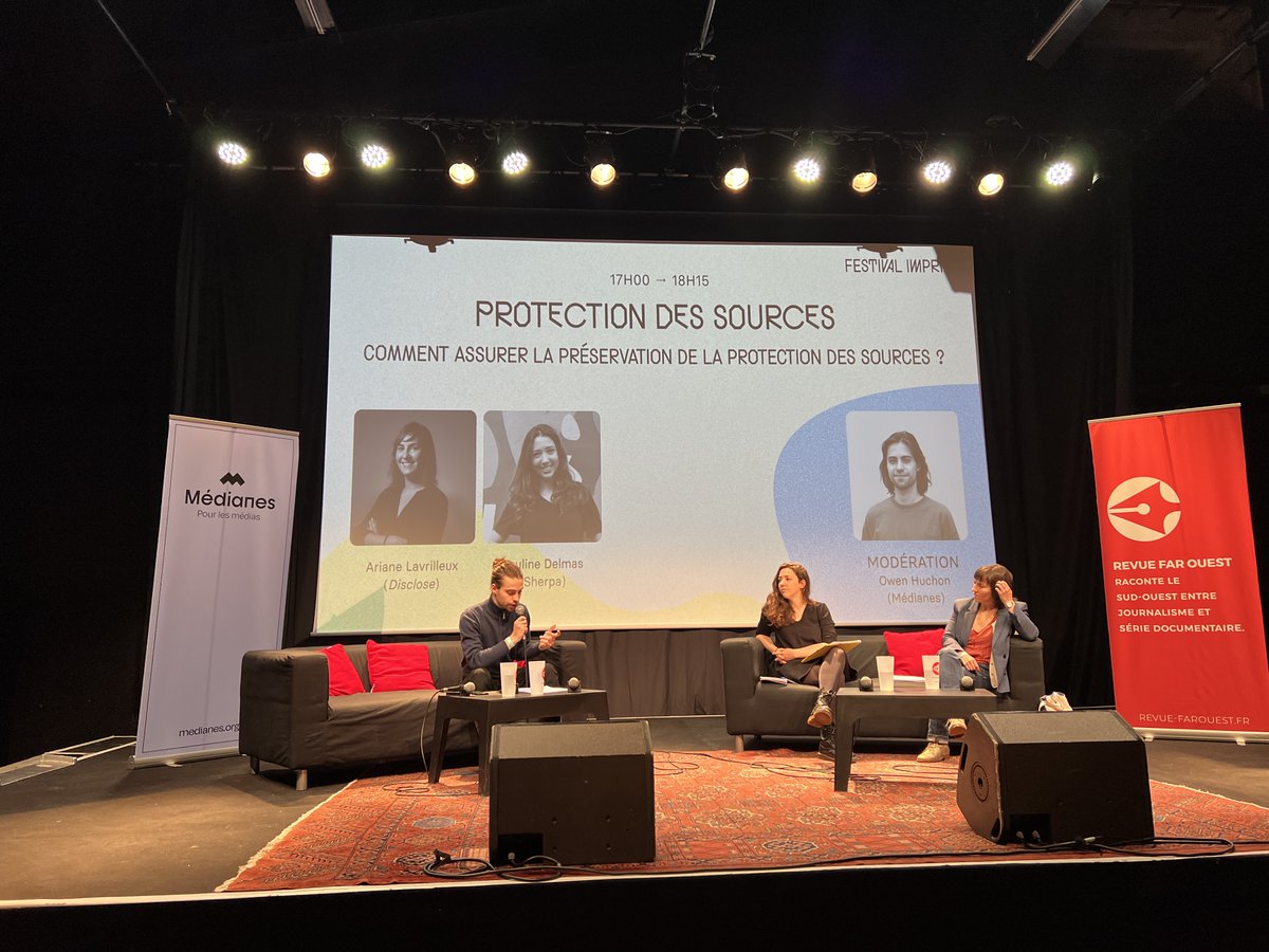 Pour la dernière table ronde de la journée, nous accueillons la journaliste @AriaLavrilleux (@Disclose_ngo) et la juriste Pauline Delmas (@Asso_Sherpa) pour parler protection des sources, avec @owen_huchon (Médianes). 🔴🎥 Suivre l’échange en direct : youtube.com/watch?v=UTJDFi…