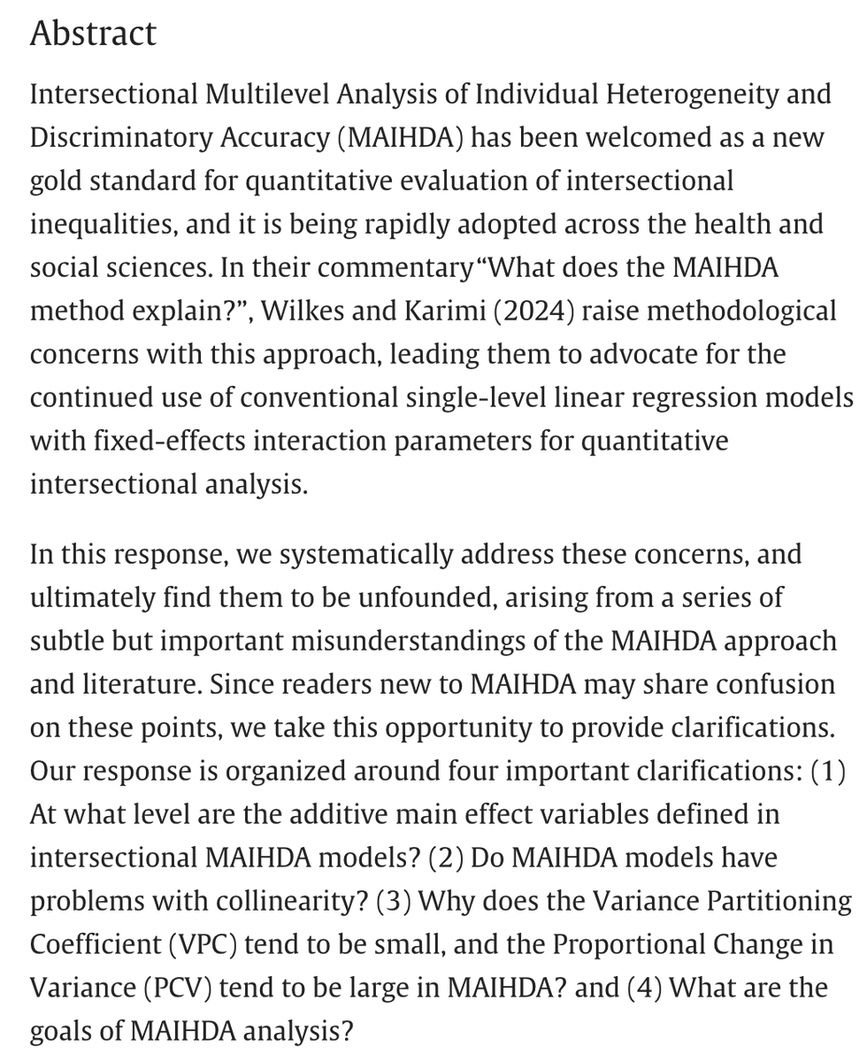 Dr. Clare Evans (@clarerevans42) on Twitter photo MAIHDA models are an emerging gold standard for quant estimation of inequalities.
In this new conceptual guide, we clarify/correct some common misunderstandings about these models.
<a href="/LuisaBorrell/">Luisa N. Borrell @lborrell.bsky.social</a> <a href="/AndrewJDBell/">Andrew Bell</a> <a href="/danjholman/">Daniel Holman</a> <a href="/socscimed/">Soc Sci & Medicine</a> <a href="/shefmethods/">Sheffield Methods Institute - University of Sheff</a>
doi.org/10.1016/j.socs… MAIHDA models are an emerging gold standard for quant estimation of inequalities.
In this new conceptual guide, we clarify/correct some common misunderstandings about these models.
<a href="/LuisaBorrell/">Luisa N. Borrell @lborrell.bsky.social</a> <a href="/AndrewJDBell/">Andrew Bell</a> <a href="/danjholman/">Daniel Holman</a> <a href="/socscimed/">Soc Sci & Medicine</a> <a href="/shefmethods/">Sheffield Methods Institute - University of Sheff</a>
doi.org/10.1016/j.socs…