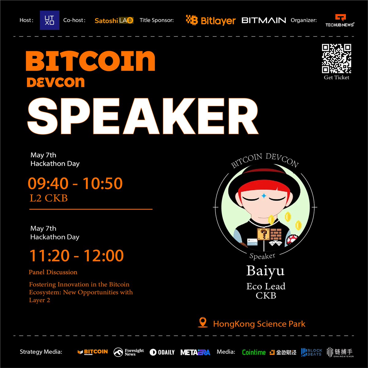 SPEAKER HIGHLIGHTS Baiyu from @NervosNetwork will be speaking at @bitcoindevcon in Hong Kong. Nervos network is a UTXO based Bitcoin layer 2 , Also Don’t miss the dev workshop on May 7th 1-3 PM . Signup today: lu.ma/h6xx7gm3