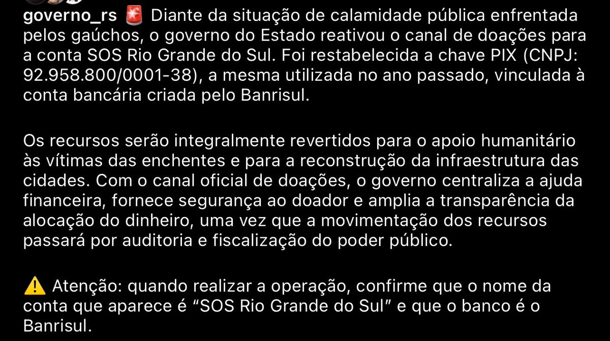 giuzita's tweet photo. A situação de enchentes no Sul está grave, e eles precisam da nossa ajuda agora. 

O governo do RS pediu doações através desse PIX no instagram oficial deles, se puder ajudar com qualquer valor ou compartilhando é de grande importância https://t.co/nWsGbdGP3z