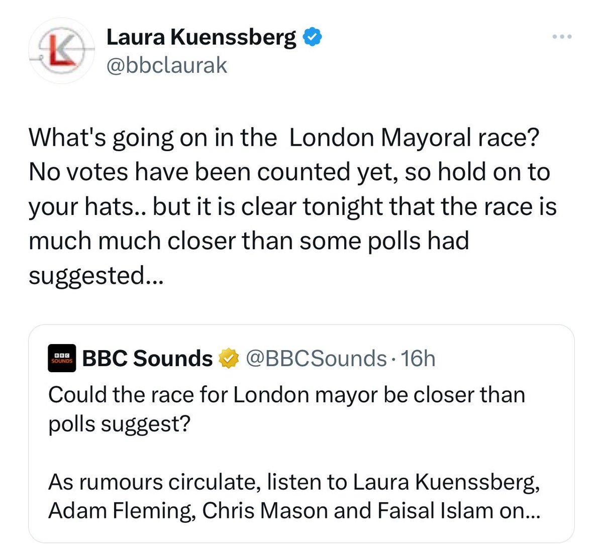 🚨 IT IS CLEAR that @UKLabour's Sadiq Khan has officially won a landmark third successive term as mayor of London. Khan, was first elected in May 2016, beat his Tory rival Susan Hall BY MORE THAN 276,000 VOTES - representing a swing of 3.2% to Labour. Will #bbclaurak resign? 🧐