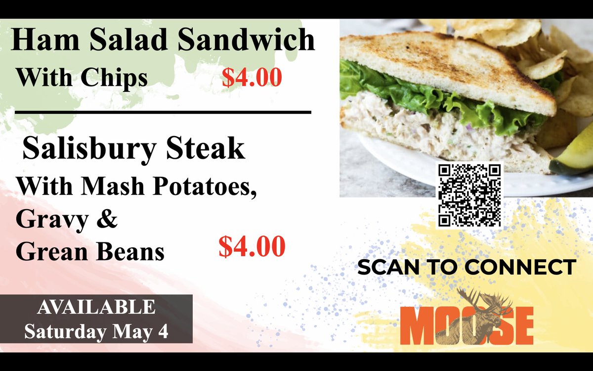 📣 Attention, x-tended Moose Family! 📣
Don't miss out on our delicious food specials!
1️⃣ Ham Salad Sandwich with Chips - $4
2️⃣ Salisbury Steak with Mashed Potatoes, Gravy, and Green Beans - $10
#MooseLodge720 #FoodSpecials #SaturdayFeast