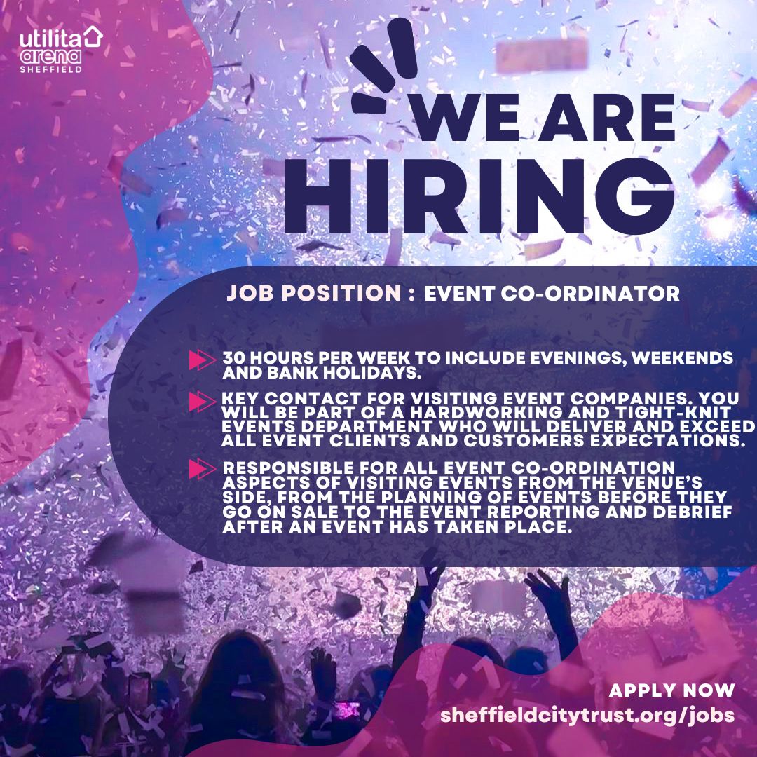 WE'RE HIRING 📢👇 We're on the lookout for an Event Co-ordinator to join our team here at Utilita Arena Sheffield!💙 ✨30 hours per week to include evenings, weekends and bank holidays 🔗Apply Here - zurl.co/SMLM