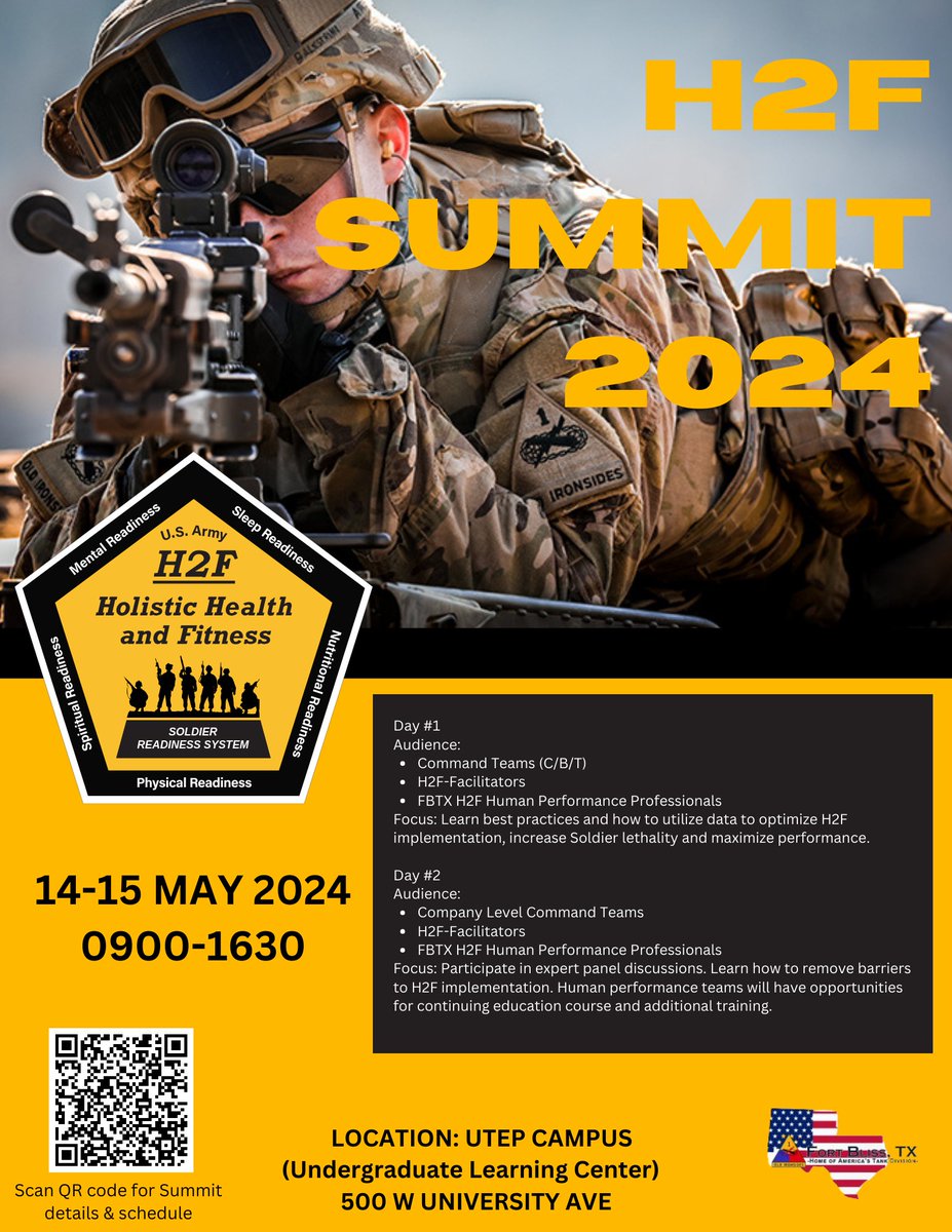 Join us at the H2F Summit, May 14 - 15, 2024 at the UTEP Undergraduate Learning Center. Open to command teams, H2F facilitators, and Fort Bliss H2F Human Performance Professionals. Don’t miss out on this opportunity to elevate your performance and drive excellence!