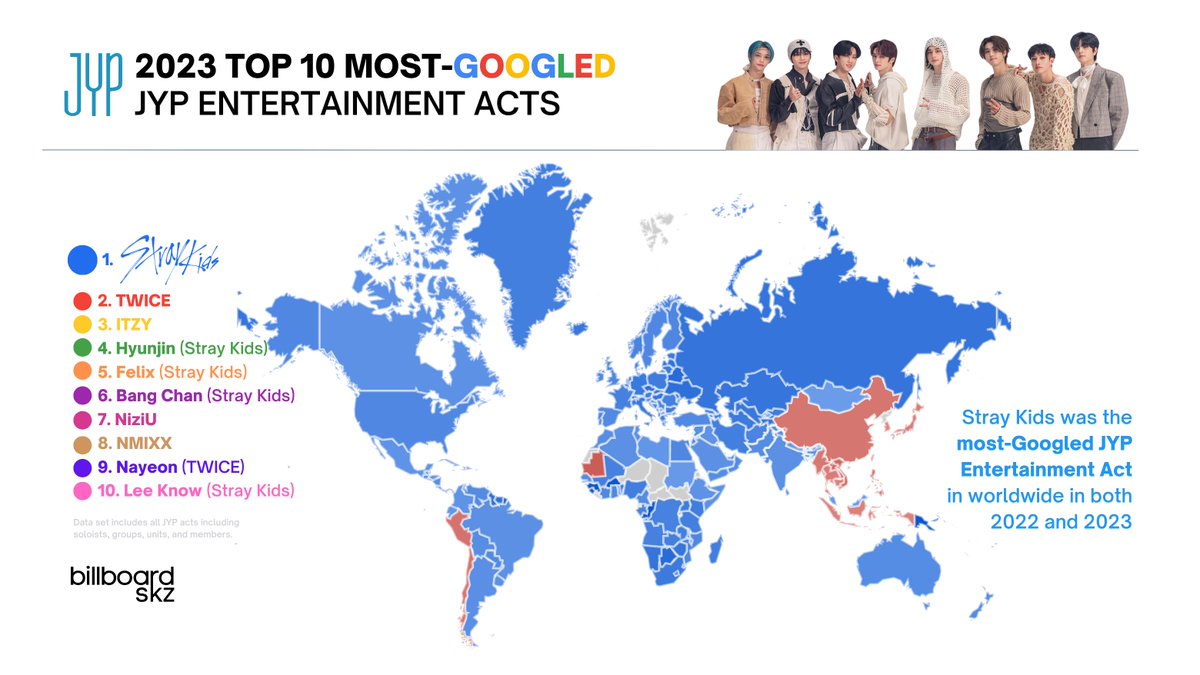 #StrayKids was the most-searched JYP Entertainment artist worldwide on Google in 2023, topping for the second year in row. @Stray_Kids (#스트레이키즈) is also the most-Googled in seven (7) of the 10 biggest music markets in the world. 🇺🇸🇬🇧🇩🇪🇫🇷🇨🇦🇧🇷🇦🇺