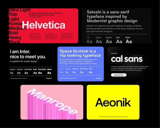 UI/UX Designers, here are 07 mind-blowing free fonts you could try out on your next UI design project.

→ Inter
→ Aeonik
→ Satoshi
→ Cal Sans
→ Manrope
→ Helvetica
→ Space Grotesk