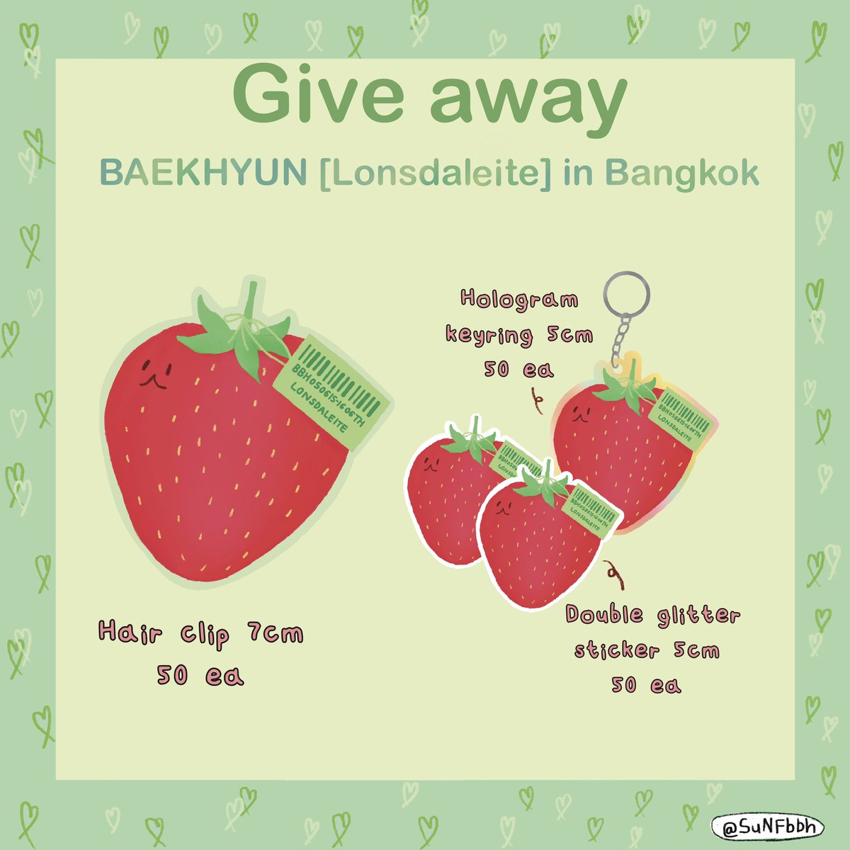 pls kindly rt ~*

🍓🐶 BHH Strawberry set = 50 ea

1 set : hair clip 1 ea  & hologram keyring 1 ea & glitter sticker 2 ea

💌 IMPACT EXHIBITION HALL 7-8
💌 15-16 june 2024

มารับกันเยอะๆ นะคะ 🤍✨

#LONSDALEITEinBKK #2024BAEKHYUNASIATOURinBKK #BBHLonsdaleiteinBKK