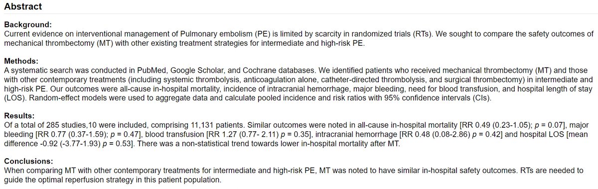 MyJSCAI's tweet photo. 📣Pulmonary Embolism Featured Abstract at #SCAI2024: 

💡Outcomes of #MechanicalThrombectomy vs Contemporary Treatments Modalities for Intermediate &amp; High-Risk #PE: A Systematic Review &amp; Metanalysis

➡️https://t.co/2u3rrAOgVM 

@Dr_Akshay_MB @PusapatiSuma_Dr @HasaanAhmedMD https://t.co/QU14x9xNRp