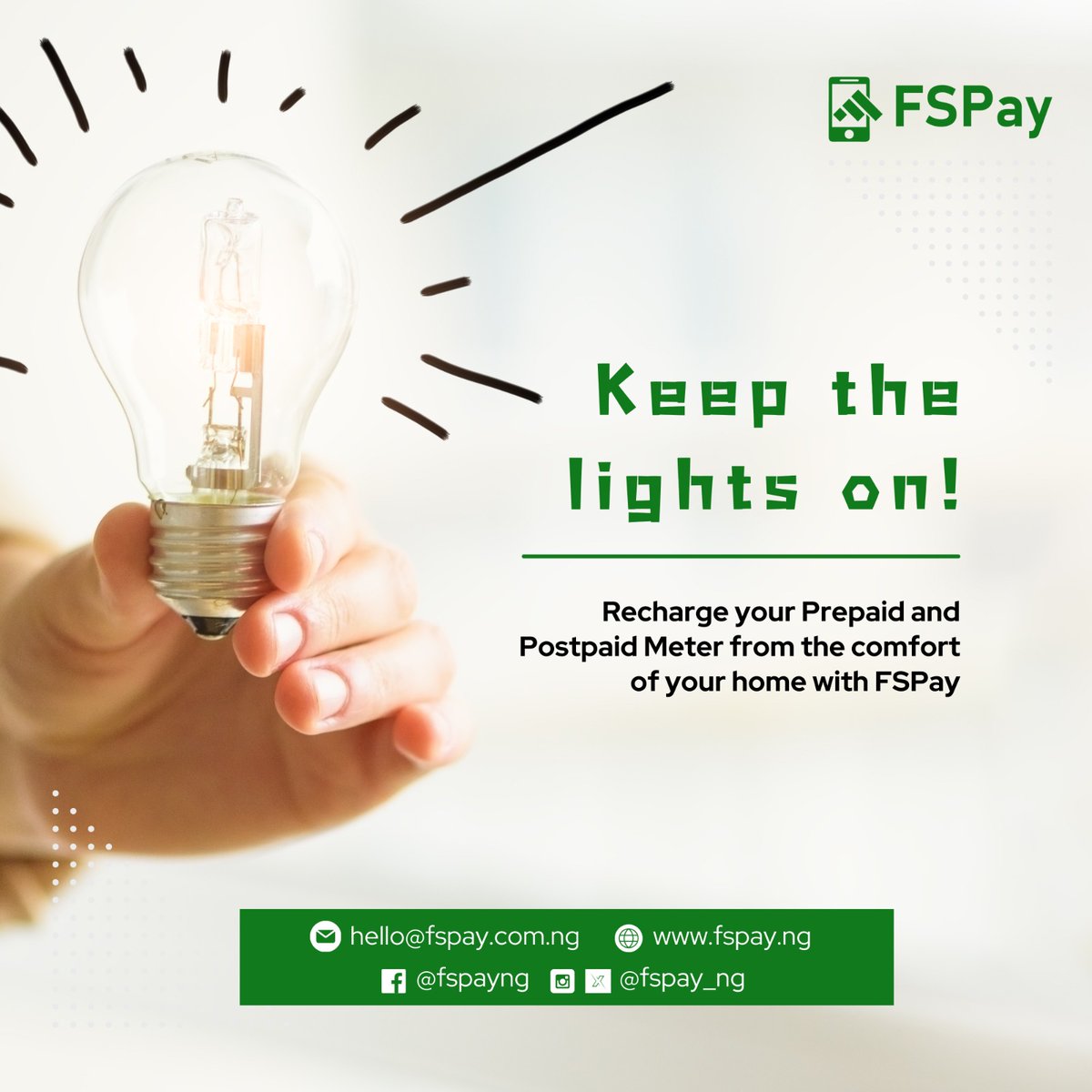 Say goodbye to late payment fees! 
With FSPay's Electricity Bills feature, you can pay your electricity bills on time, every time. Set up automatic payments or pay manually – the choice is yours. #FSPay #ElectricityBills