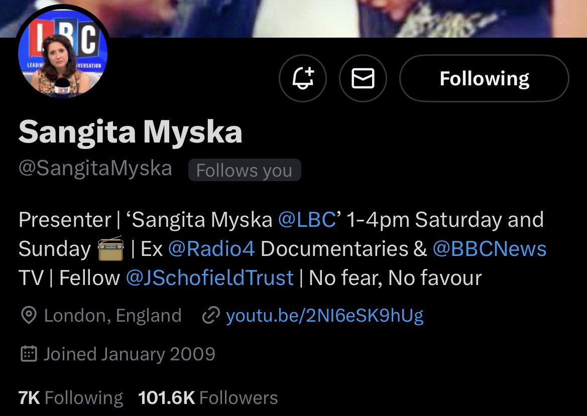 I feel very honoured that the brilliant Sangita Myska is following. I just hope Sangita returns to our airwaves on @LBC as soon as possible. In the meantime, and until her return, our household’s boycott of @LBC and all @global media output continues.