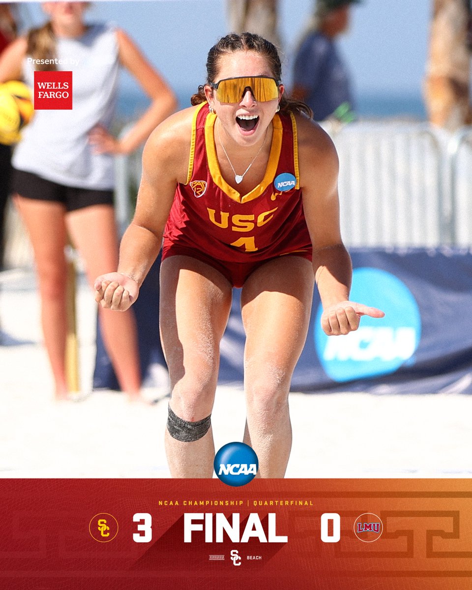 📊 FINAL: [1] No. 1 USC def. [8] No. 9 Loyola Marymount in the #NCAABeachVB Quarterfinal at Gulf Beach Place in Gulf Shores, Ala. #FightOn ✌️🏐🏆 #USCBeach