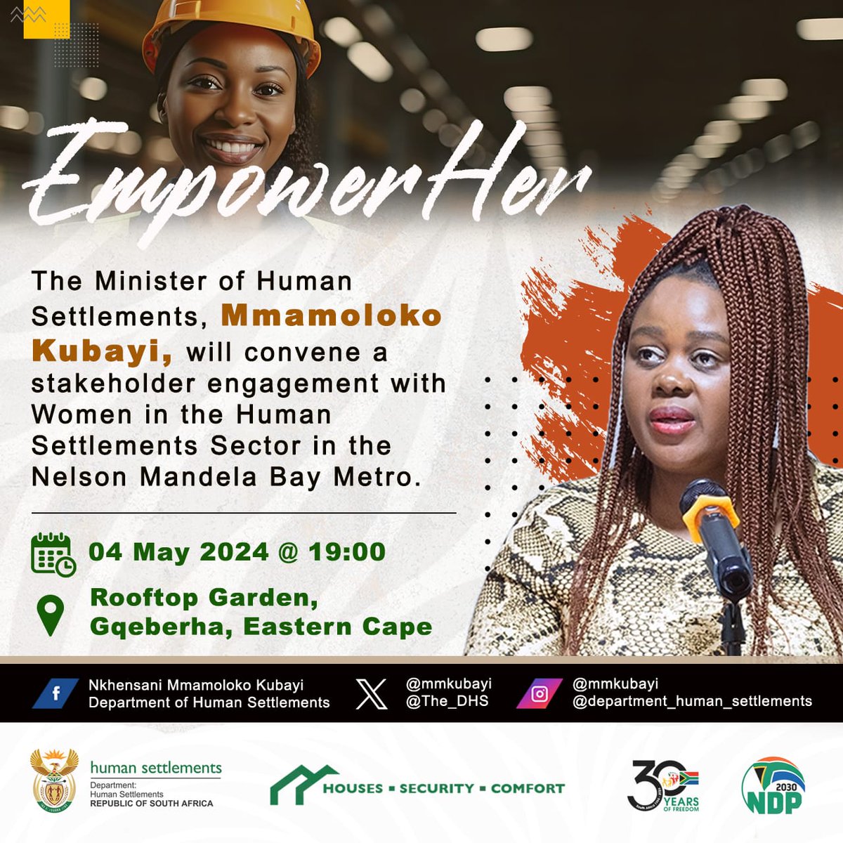 Happening Tonight | Minister @mmkubayi to convene a stakeholder engagement with Women in the Human Settlements Sector in the Nelson Mandela Bay. #EmpowerHer #HousingTheNation