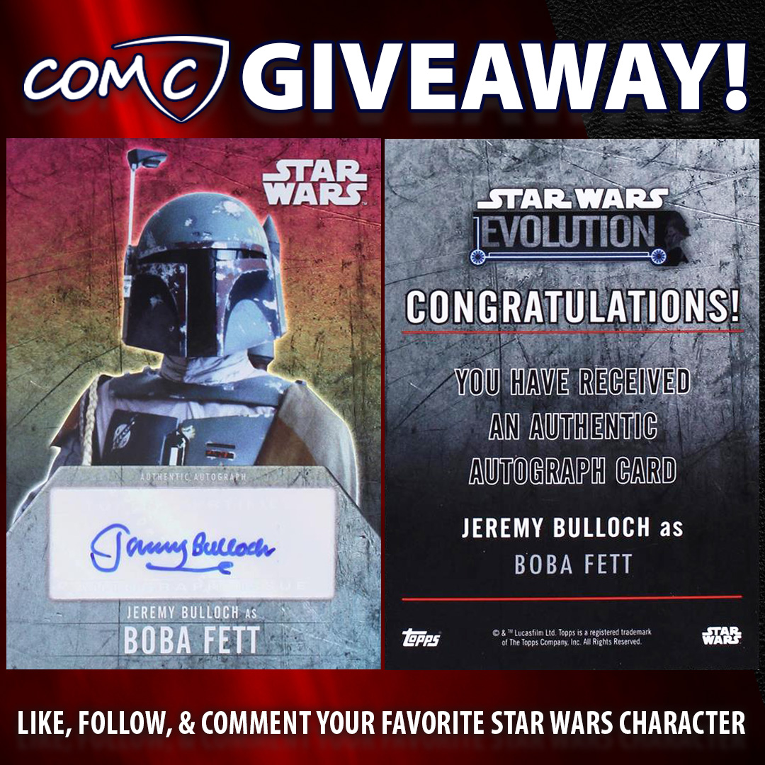 CheckOutMyCards's tweet photo. COMC GIVEAWAY: Like, follow, RP, and Comment your favorite @starwars character for a chance to win this 2016 @Topps Star Wars Evolution Autograph Jeremy Bulloch as Boba Fett! Contest will end May 5th at 11:59PM PST. Winner will be chosen randomly and must have a COMC account. 🌌 https://t.co/voPDI4CqKx