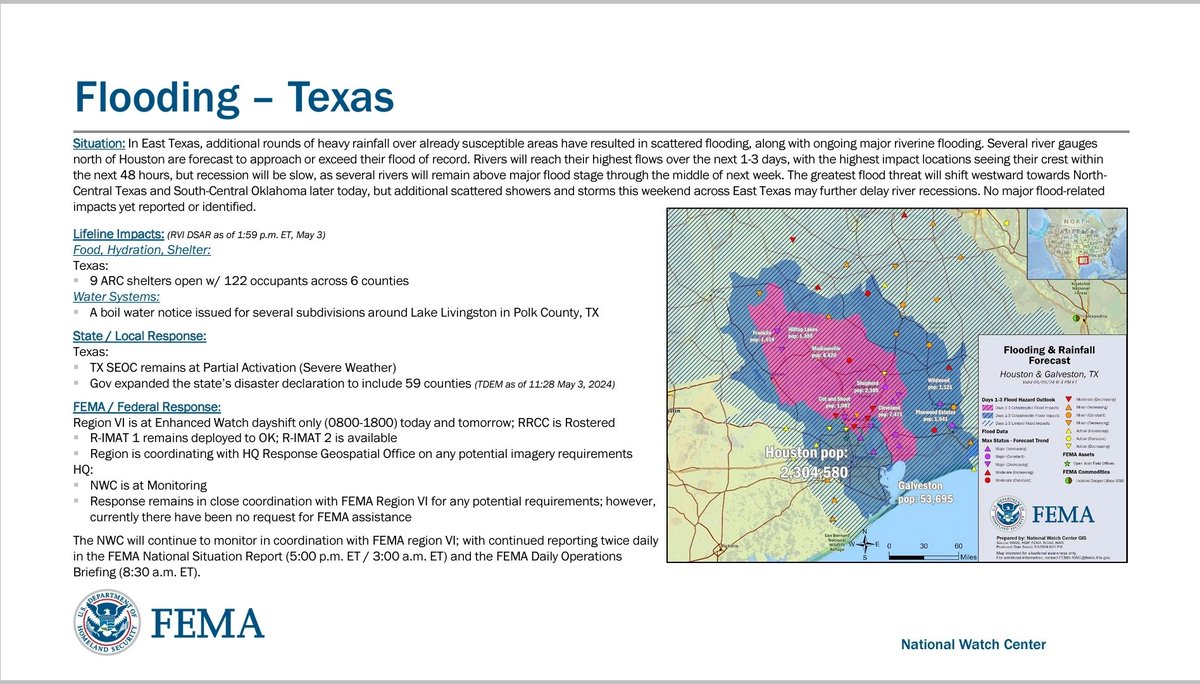 From today's FEMA Daily Ops Briefing. Information may have changed since this was compiled 
#TXwx
#TexasFlood
#HoustonFlood