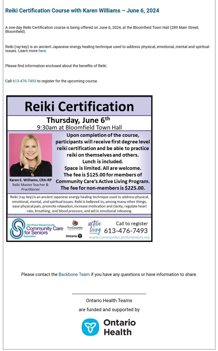 So my local Ontario Health Team (@HPE_OHT) is advertising a local Reiki certification course. Why does @ONThealth want to lend its name & authority to a unscientific alt-health practice? Specifically a $125-225 course designed to generate more 'certified' Reiki practitioners? 😳