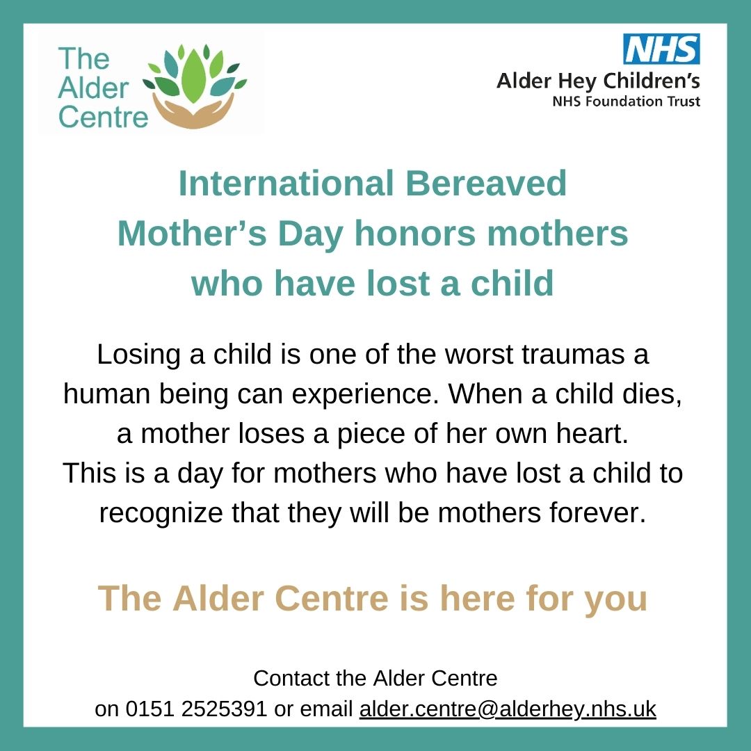 International Bereaved Mother’s Day honours mothers who have lost a child.
We see you, we are here for you. For more information on how we can support you contact us on 0151 2525391 or email alder.centre@alderhey.nhs.uk
#InternationalBereavedMothersDay
#childloss #bereavedmother