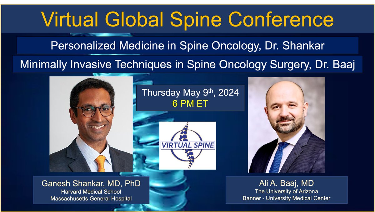 I’m thrilled to welcome Dr. Ganesh Shankar, outstanding neurosurgeon-scientist and spine onc expert at @MGHNeurosurg to @virtualspine this week! Excited for this unique joint session as we cover two trending topics in spine onc care. zoom.us/meeting/regist…