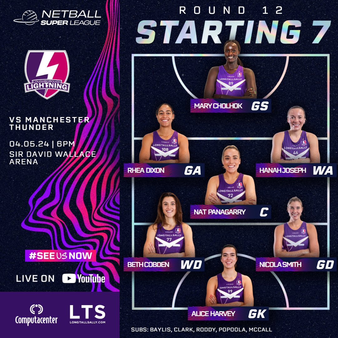 Here’s your Lightning starting 7 for today’s top of the table clash with @thundernetball! 🌩⚡️ Catch all of the action live on @skysports Youtube from 5:55pm 📺 Let’s go, Lightning! ⚡️💜 #NSL2024 | #bringthenoise