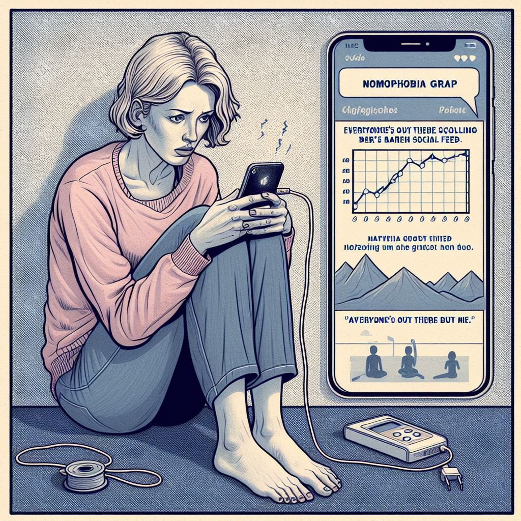 Sue's anxiety surged scrolling her barren social feed. 'Everyone's out there but me,' she fretted, as her phone died. Nomophobia's grip tightened, a #graph of modern angst. 
#vss365 #Anxiety