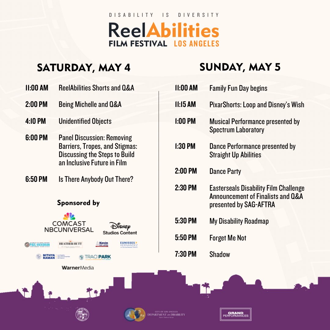 Today is the first of day of ReelAbilities Film Festival Los Angeles 🎉 We are so excited to host you this weekend. Don't miss out on today's screenings and discussions! Check out the showtimes below and reelabilitiesla.org/schedule for all the details: 11-11:25a | Festival Opening…