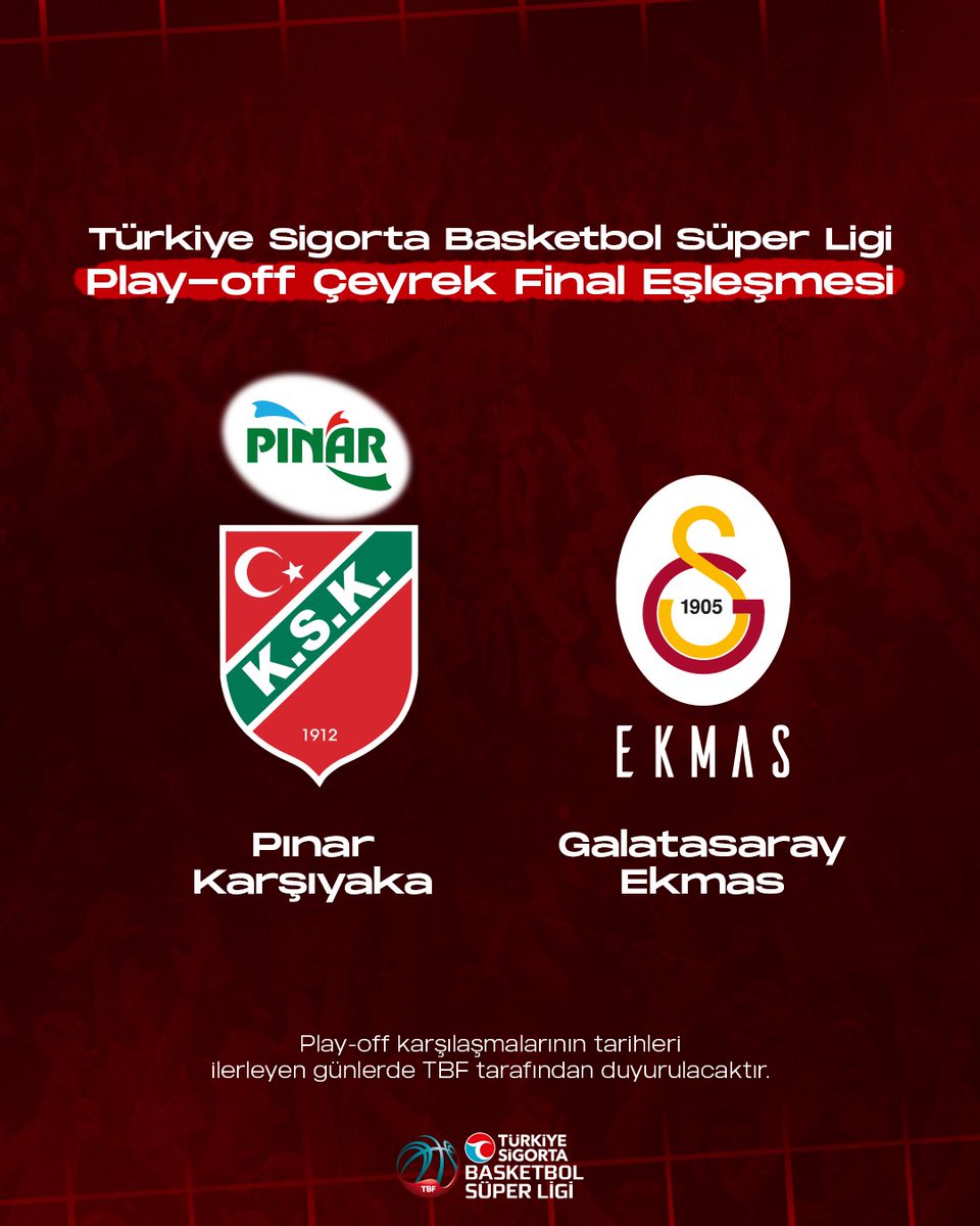 Türkiye Sigorta Basketbol Süper Ligi play-off çeyrek finalindeki rakibimiz Galatasaray Ekmas oldu. 💚❤️