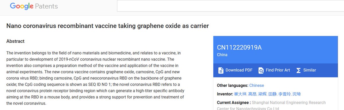 Let's look at a couple patents.

'Nano Coronavirus Recombinant Vaccine Taking Graphene Oxide As A Carrier.'

'The invention belongs to the field of nano materials and biomedicine,  and relates to development of a vaccine development platform.'
patents.google.com/patent/CN11222…