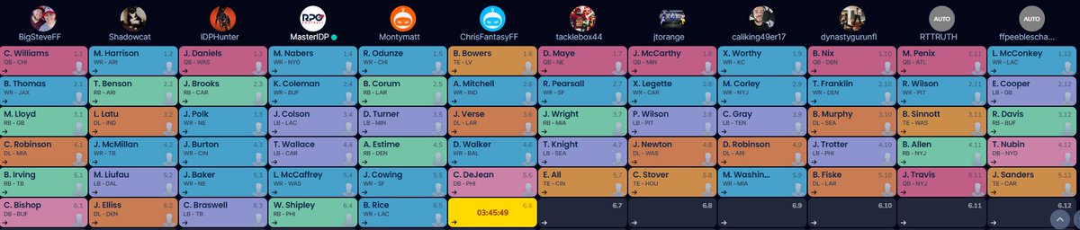 Do you have a rookie draft with IDP coming up? Then make sure you check out this mock draft board:
Superflex with IDP (7 round, 12 team)