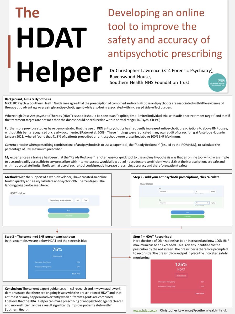 For anyone in the business of monitoring high dose #antipsychotic treatment (HDAT) this is a really simple calculator.  

Improve #personcenteredcare, identification, monitoring, review and #patientsafety 🙌🏻. 

“No care for me without me”

#SMI 👇🏻

hdat.co.uk