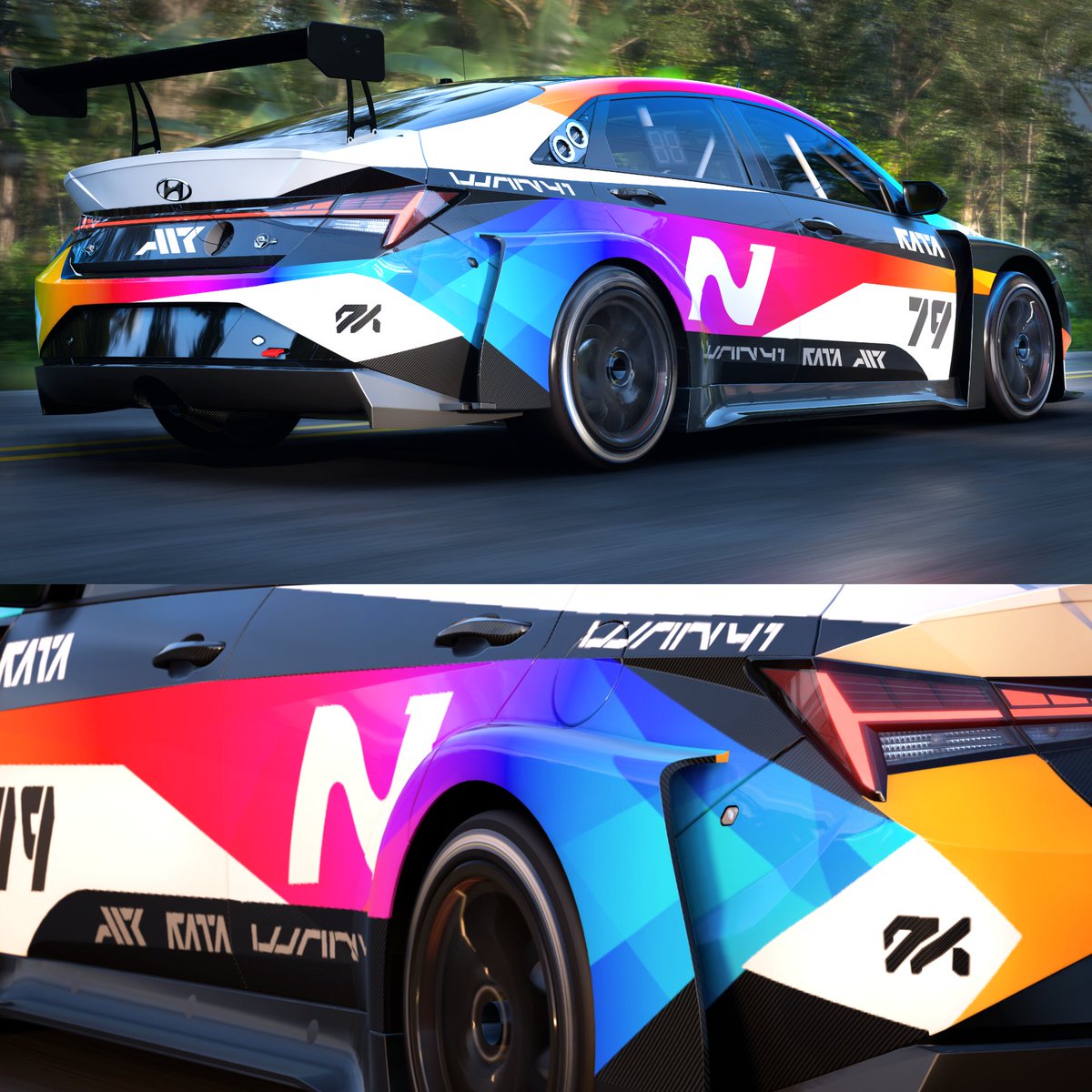 The new Hyundai Elantra N has beautiful triangles in it's design. I decided to highlight that in my livery. 2021 Hyundai #98 Bryan Herta Autosport Elantra N Prisma SC: 122 408 696 GT: FormFirm Should I make a version without logo's? LMK #ForzaPaintBooth #FH5 #Forzahorizon5