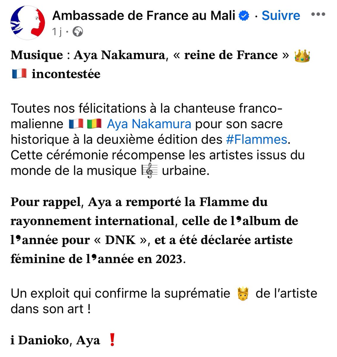 L’Ambassade de France au Mali félicite Aya Nakamura pour les Flammes 🤍