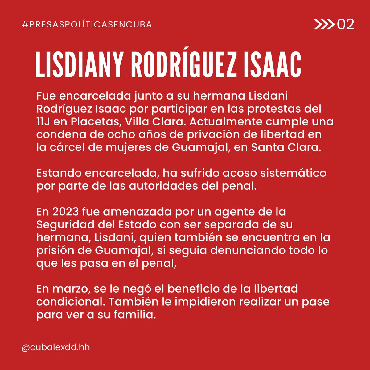 En marzo se le negó a Lisdiany Rodríguez Isaac el beneficio de la libertad condicional. También le impidieron realizar un pase para ver a su familia.
Comparte nuestra campaña #DerechosNegados #MujeresPresasPolíticas #EllasNoEstánSolas 📢✊🇨🇺