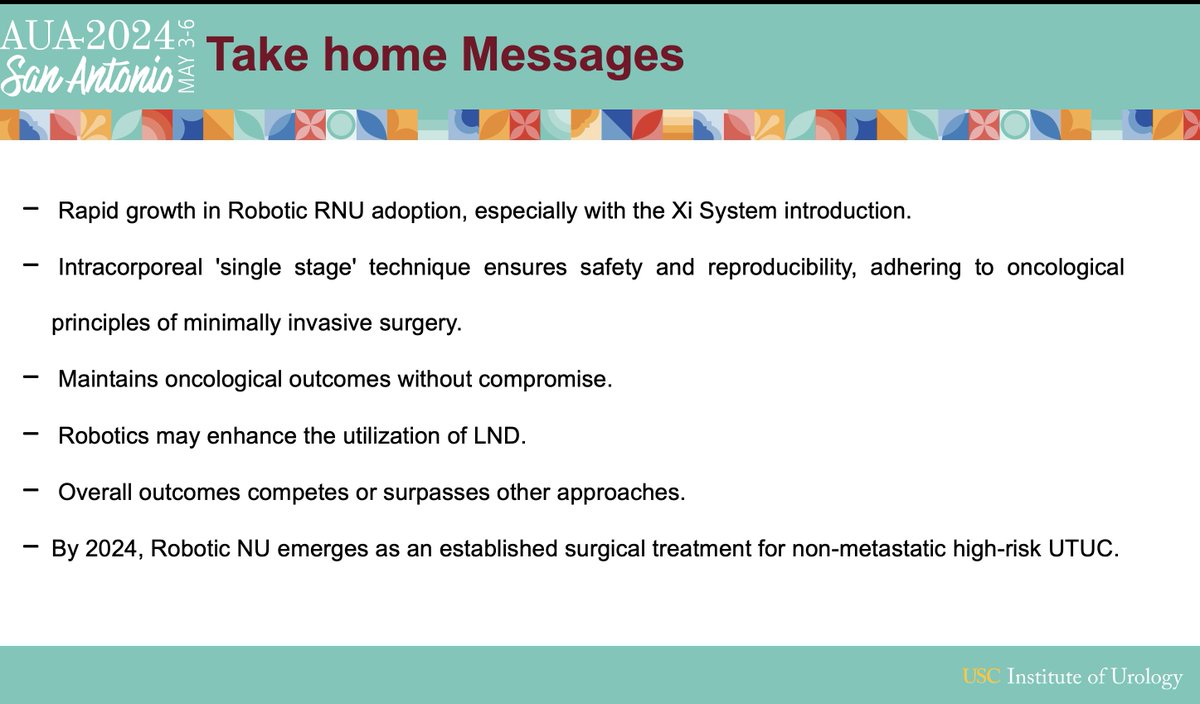 Great talk on Robotic RNU by @Hoomandjaladat - Robotic RNU is safe. - Offer the advantages of a minimally invasive approach without impairing the oncological outcomes. − Robotics may enhance the utilization of LND. @USC_Urology @AmerUrological #AUA24