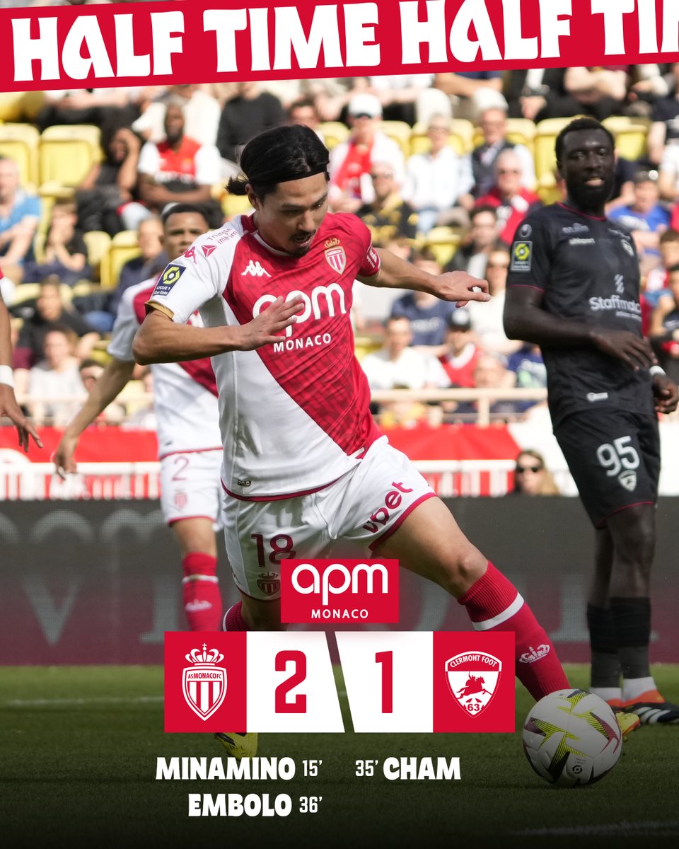 𝗠𝗶-𝘁𝗲𝗺𝗽𝘀 ⏸️ Au terme de 45 premières minutes animées, nos Rouge & Blanc sont devant grâce à des réalisations de Minamino et Embolo 🔥 Rendez-vous après la pause 👊 2⃣-1⃣ #ASMCF63