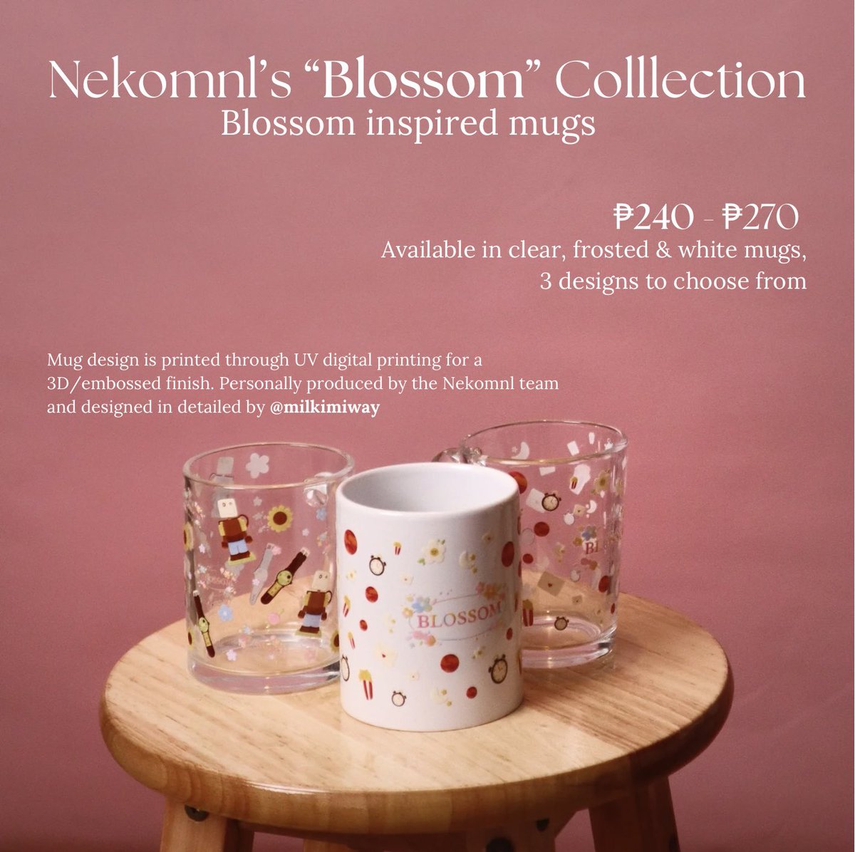 Nekomnl’s “Blossom” Collection
— Blossom inspired mugs 🌸

Available in clear, frosted or white mug for only ₱240-₱270 each! Get yours now!

Pre-order here ⬇️⬇️
docs.google.com/forms/d/e/1FAI…