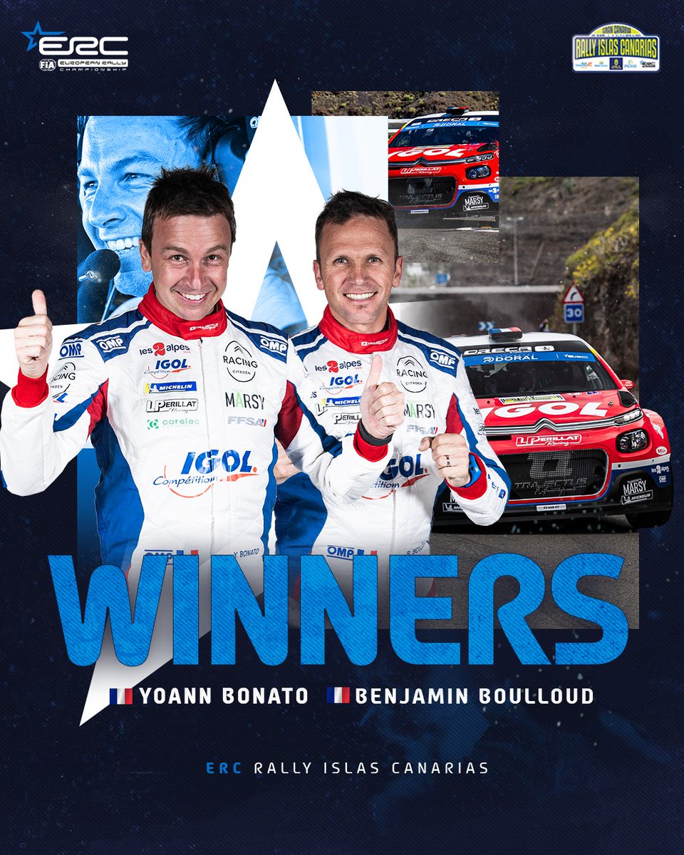 🥇 Winners ERC @RIslasCanarias 2024 👏 Congratulations @yoannbonato / Benjamin Boulloud! #FIAERC | #RallyIslasCanarias 🇮🇨