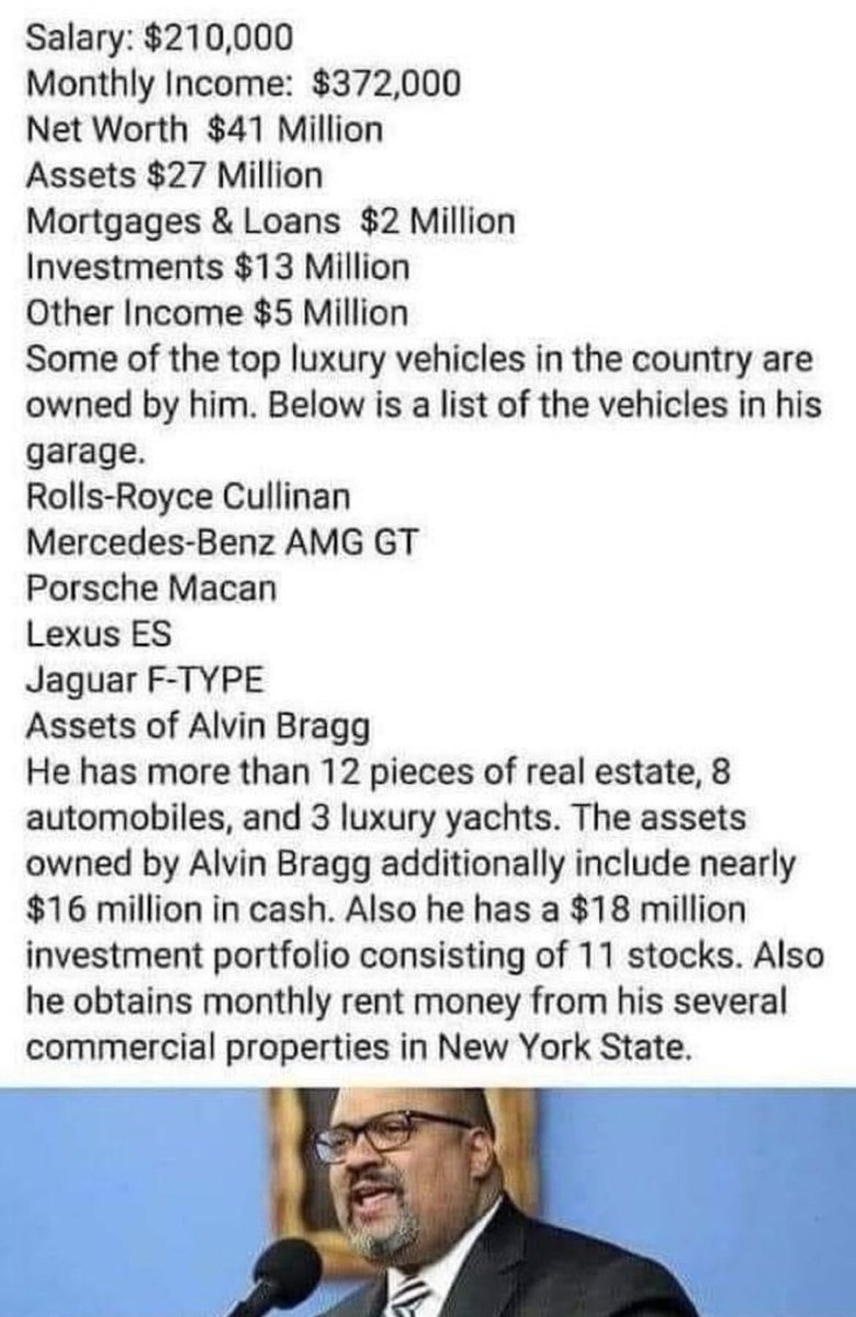 @simonateba We really need an investigation into how Alvin Bragg a “DA” is worth $41M+ on a public servants salary…HOW?! 🤔