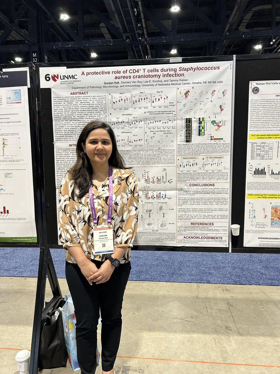 My postdoc Gunjan Kak @kak_gunjan is presenting her work on how T cells impact S. aureus craniotomy infection today at 11:30 am, poster 607. Stop by to say hello! #AAI2024 @UNMC_PathMicro @UNMC_NeuroSurg